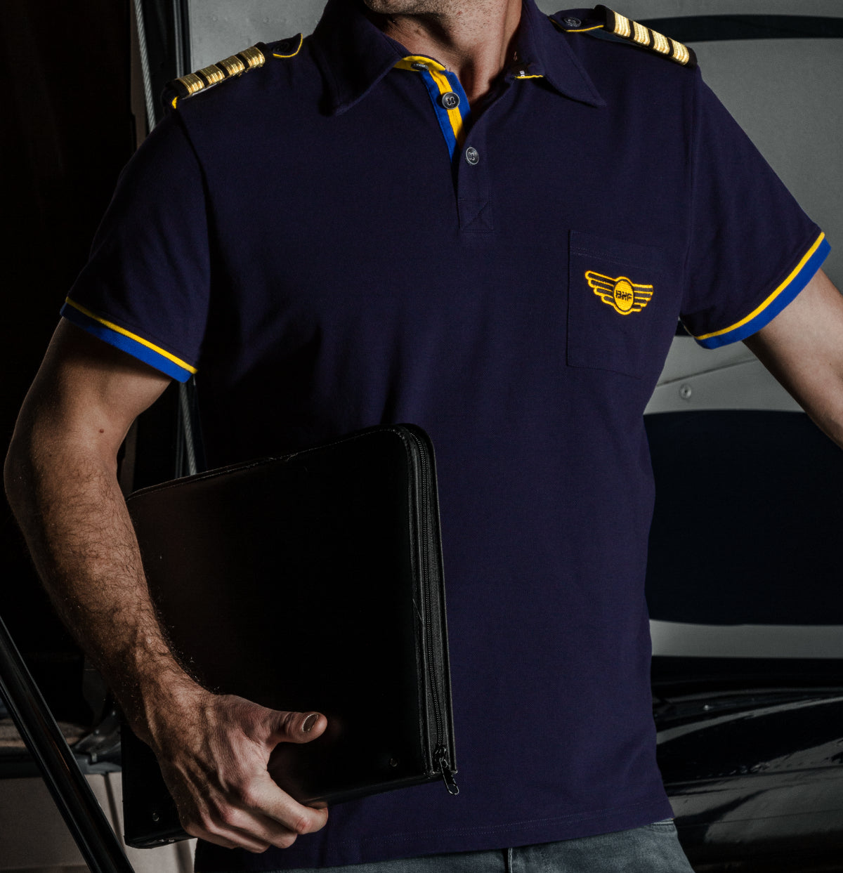 Polo tričko pro piloty modré, s kapsou a úchyty na výložky