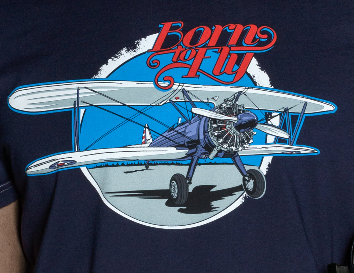 Modré tričko s vintage grafikou Stearman od BORN TO FLY